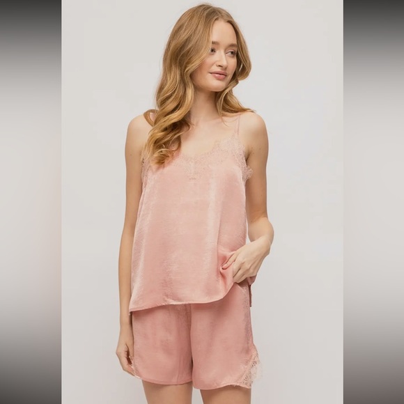 NWT Women’s Camisole Set Satin Lace Cami Short Set Coral Pink Summer Sleepwear - Picture 4 of 12